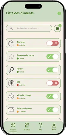 Visuel de la page aliment de l'application