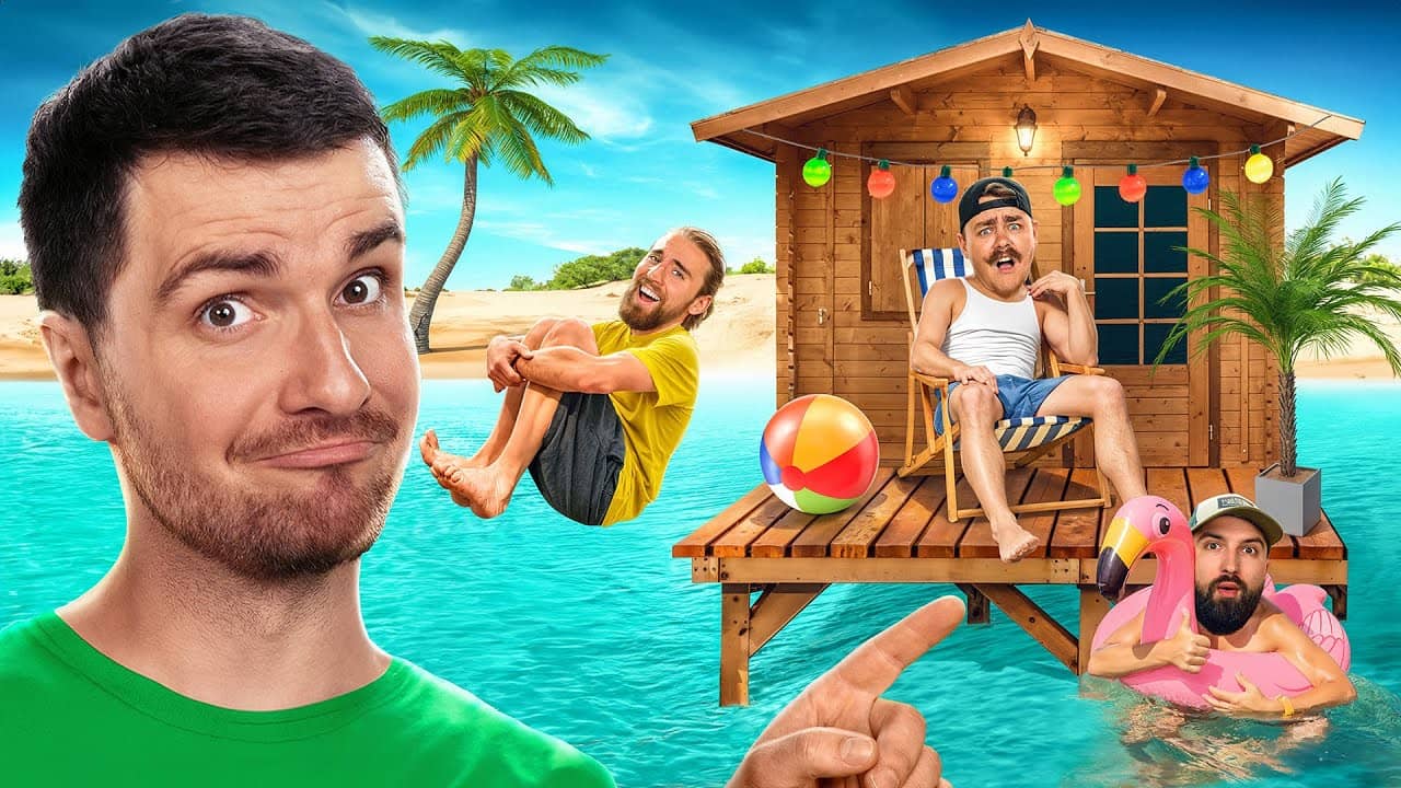 image d'Amixem et du crew dans une cabane en bois dans l'eau